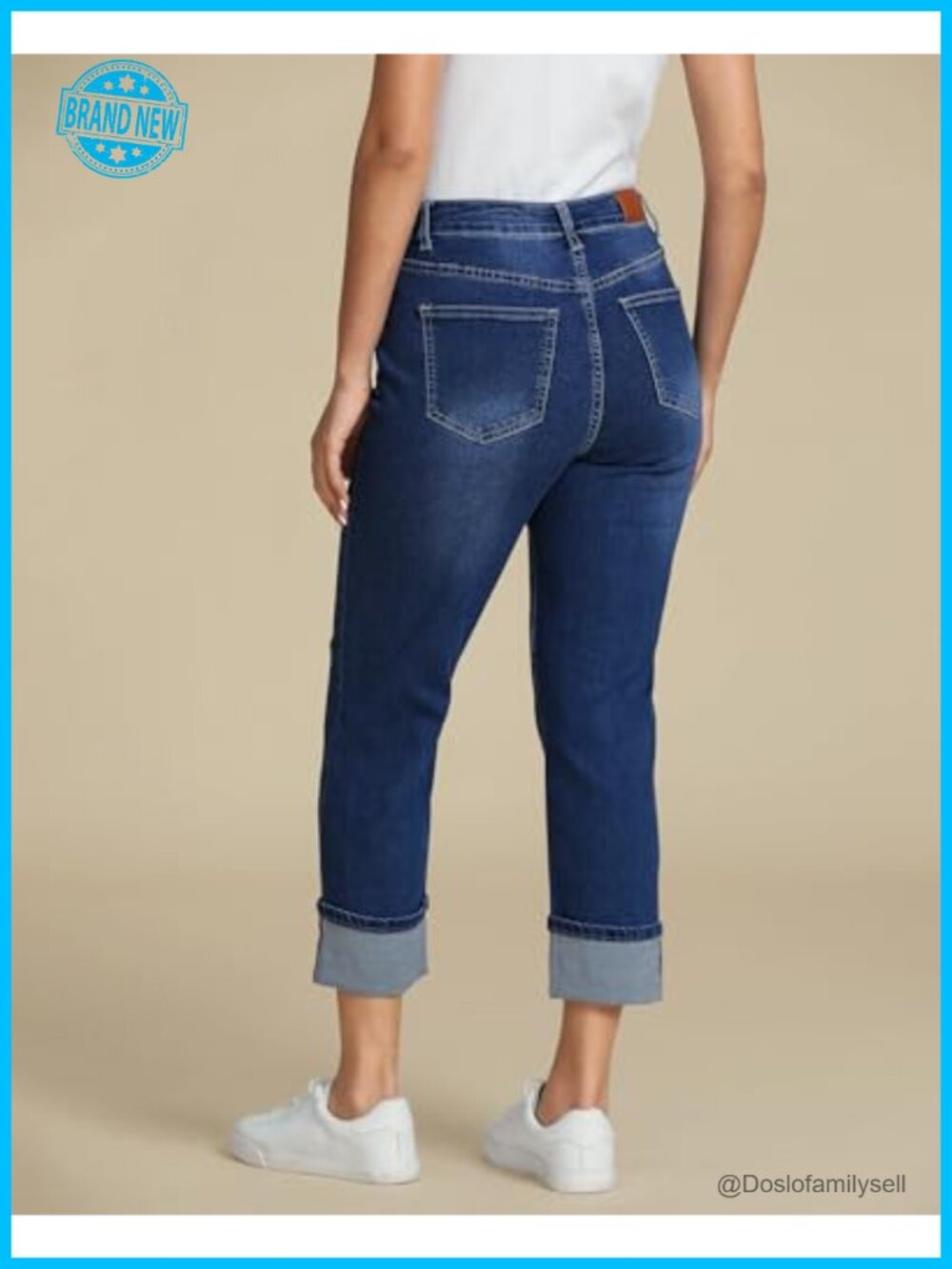 Straight Leg Cropped Jeans with Pockets High Waisted Cuffed Hem Stretchy - Picture 2 of 7